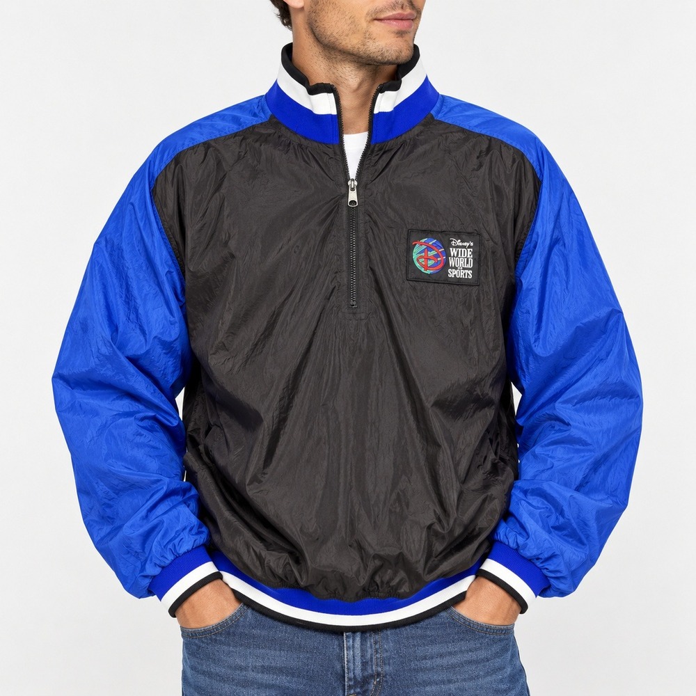 Disney Wide World of Sports Windbreaker Jacket Black Blue Quarter Zip Mens XL